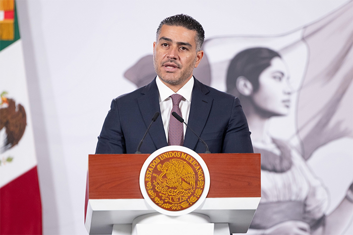 Omar García Harfuch, secretario de Seguridad, durante su intervención en la conferencia matutina de Claudia Sheinbaum.