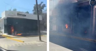 Fachada de Banco del Bienestar dañada en La Piedad Michoacán por hechos violentos.