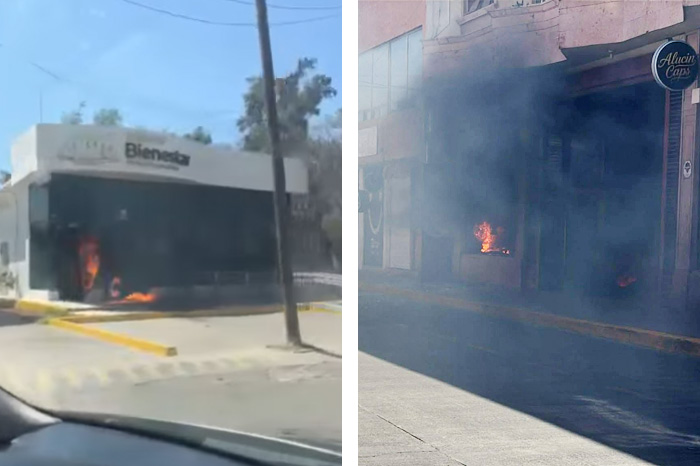 Fachada de Banco del Bienestar dañada en La Piedad Michoacán por hechos violentos.