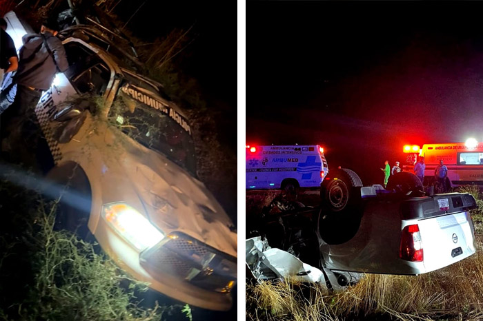 Restos de la patrulla y la camioneta tras el choque en la Autopista Siglo XXI.