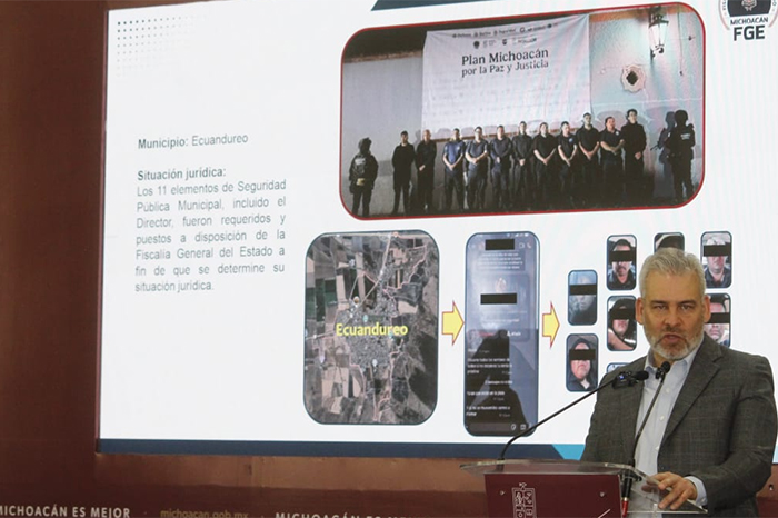 Gobernador Alfredo Ramírez Bedolla durante conferencia de prensa en Casa Michoacán informando sobre investigaciones por violencia.