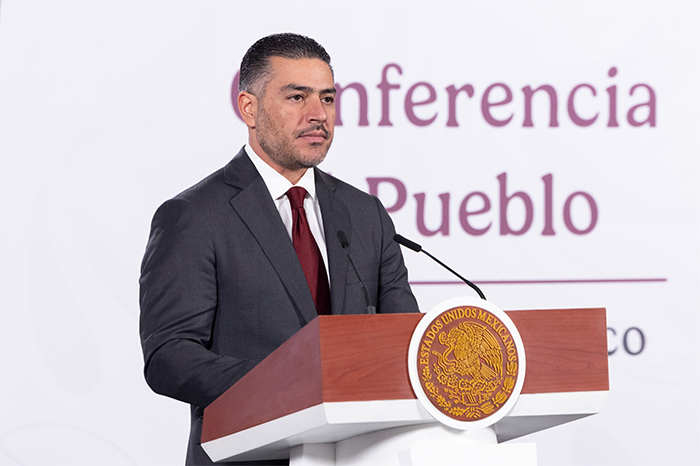 Secretario Omar García Harfuch durante la conferencia de prensa matutina en Palacio Nacional.