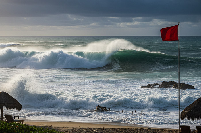 Oleaje elevado por mar de fondo y bandera roja de advertencia en playa de Michoacán.