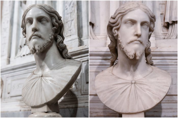 Busto del Cristo Salvador en la Basílica de Santa Inés Extramuros, atribuido recientemente a Miguel Ángel.