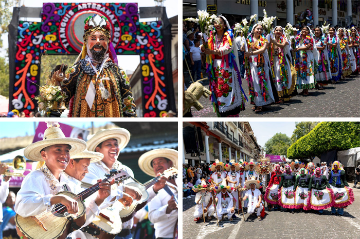 Desfile de artesanos de Michoacán con música y danzas tradicionales en el centro de Uruapan.