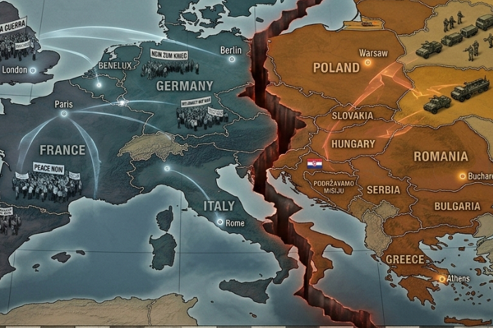 Mapa conceptual de la división geopolítica en Europa por el conflicto militar en Irán 2026.