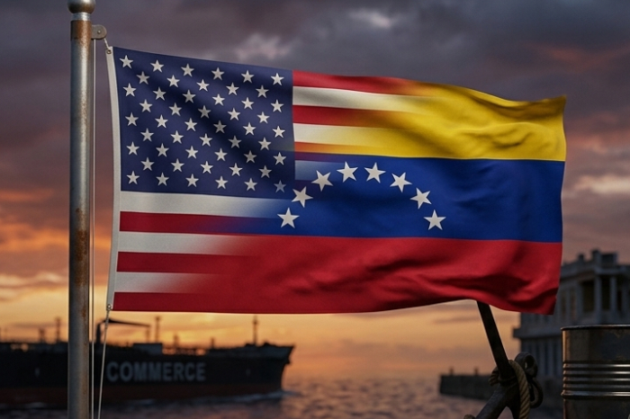 Ilustración conceptual de las banderas de EUA y Venezuela fusionadas en el fondo. En primer plano, petróleo de barriles labels "PDVSA" fluye hacia una refinería labels "EE. UU." con el Capitolio de Washington visible sobre el horizonte de Caracas.