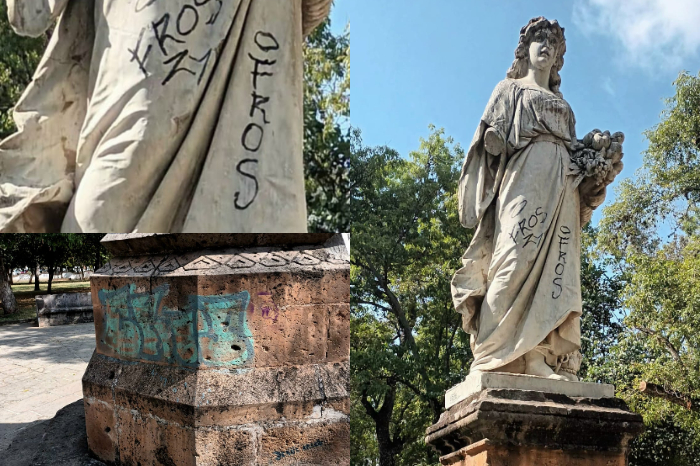 Escultura de La Paz en mármol de Carrara vandalizada con grafiti en el Bosque Cuauhtémoc de Morelia.