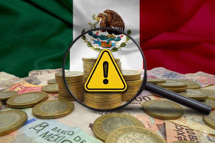 Representación de la vigilancia fiscal en México sobre monedas y billetes con una lupa y señal de advertencia.