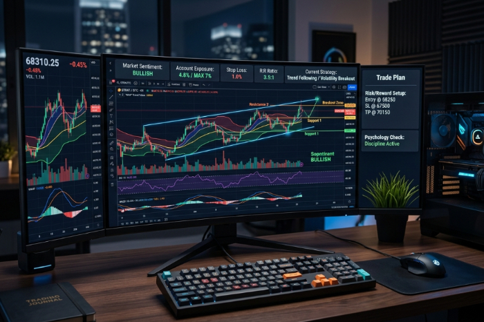Escritorio con monitores mostrando gráficos de trading análisis técnico y gestión de riesgos.