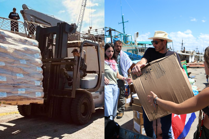 Personas cargando víveres con montacargas y voluntarios entregando cajas de ayuda humanitaria para Cuba.