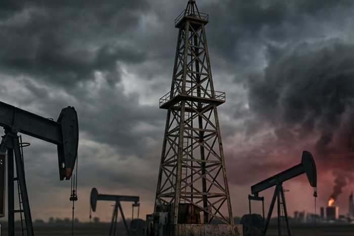 Gráfico simbólico de la economía de EEUU bajo tensión por la guerra en Irán, con un cartel de "Temores de Recesión en Aumento" y el precio del crudo disparado a $155.40 por barril.