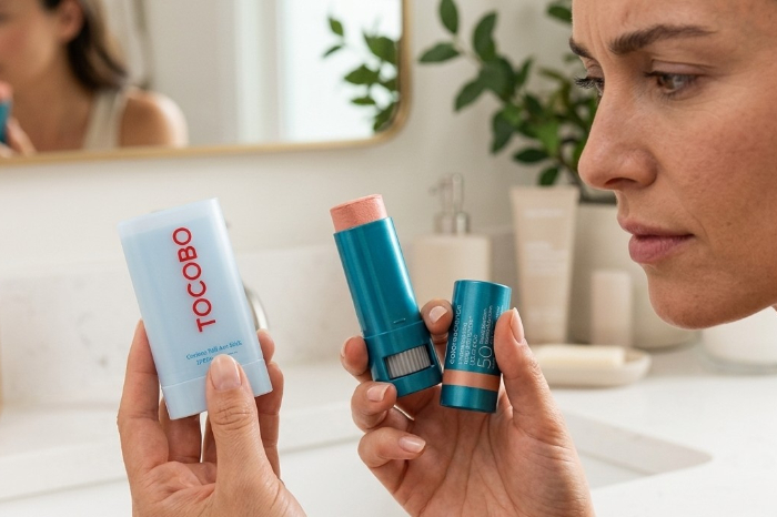 Comparativa entre un protector solar en barra y un bloqueador con color para retoques de piel.