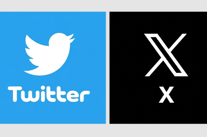 Collage comparativo que muestra el antiguo logotipo del pájaro azul de Twitter al lado del nuevo logotipo de la letra X blanca sobre fondo negro.
