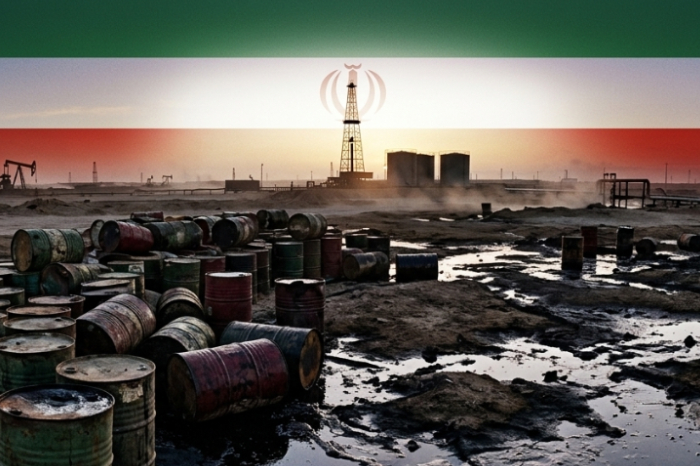 Barriles de petróleo oxidados y crudo derramado sobre suelo árido con la bandera de Irán difuminada al fondo, simbolizando la crisis energética.
