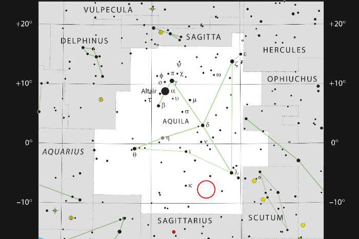 Mapa estelar que muestra la ubicación de la constelación Aquila y el área del descubrimiento de WISPIT 2.