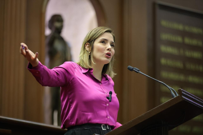 La diputada Brissa Arroyo en la tribuna del Congreso de Michoacán presentando la Ley Mariana Lima.