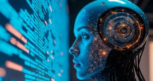 Perfil de un androide humanoide con circuitos brillantes observando una pantalla con código binario azul en cascada.