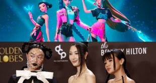 Personajes de la película animada K-Pop Demon Hunters en un escenario de concierto listos para cazar monstruos.