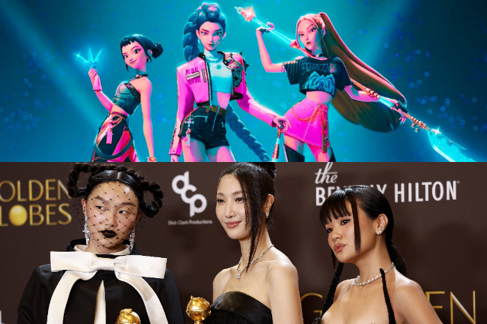 Personajes de la película animada K-Pop Demon Hunters en un escenario de concierto listos para cazar monstruos.