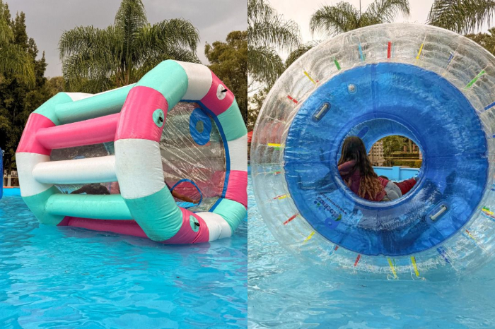Niños disfrutando de las nuevas burbujas gigantes en la fuente del Zoológico de Morelia durante las vacaciones de Semana Santa.