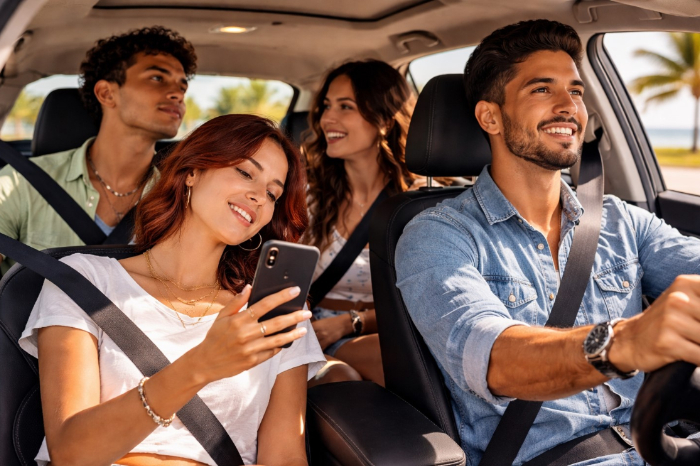 Un grupo de amigos sonríe y disfruta del camino dentro de un auto rentado en Cancún; la copiloto revisa su celular.