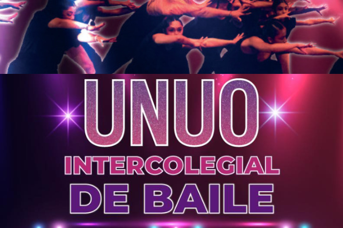 Cartel publicitario o bailarines en escena durante el Intercolegial de Baile UNUO en Morelia.