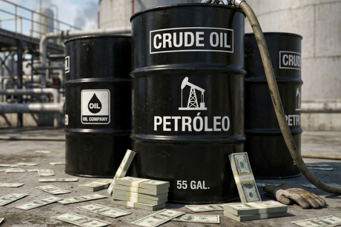 Barriles de petróleo crudo negro junto a fajos de dólares estadounidenses en una refinería industrial, representando la crisis energética.