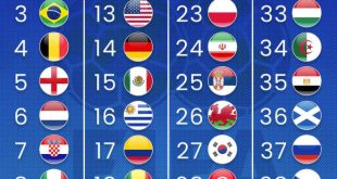 Gráfico que muestra diversas banderas de selecciones nacionales integradas en un ranking de la FIFA.