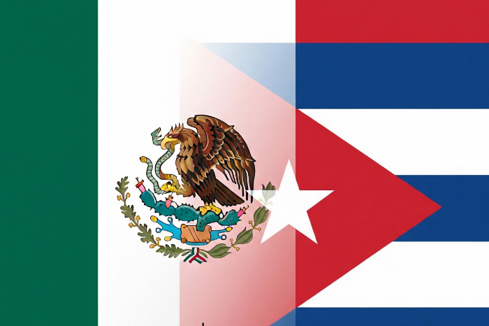 Ilustración artística de las banderas de México y Cuba fusionadas en el fondo, con un convoy estilizado de barcos y camiones que simbolizan el envío de ayuda humanitaria y la hermandad entre naciones.
