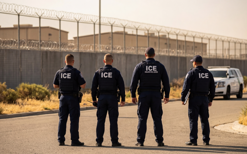 Agentes de ICE de espaldas en el exterior de un centro de detención migratoria.