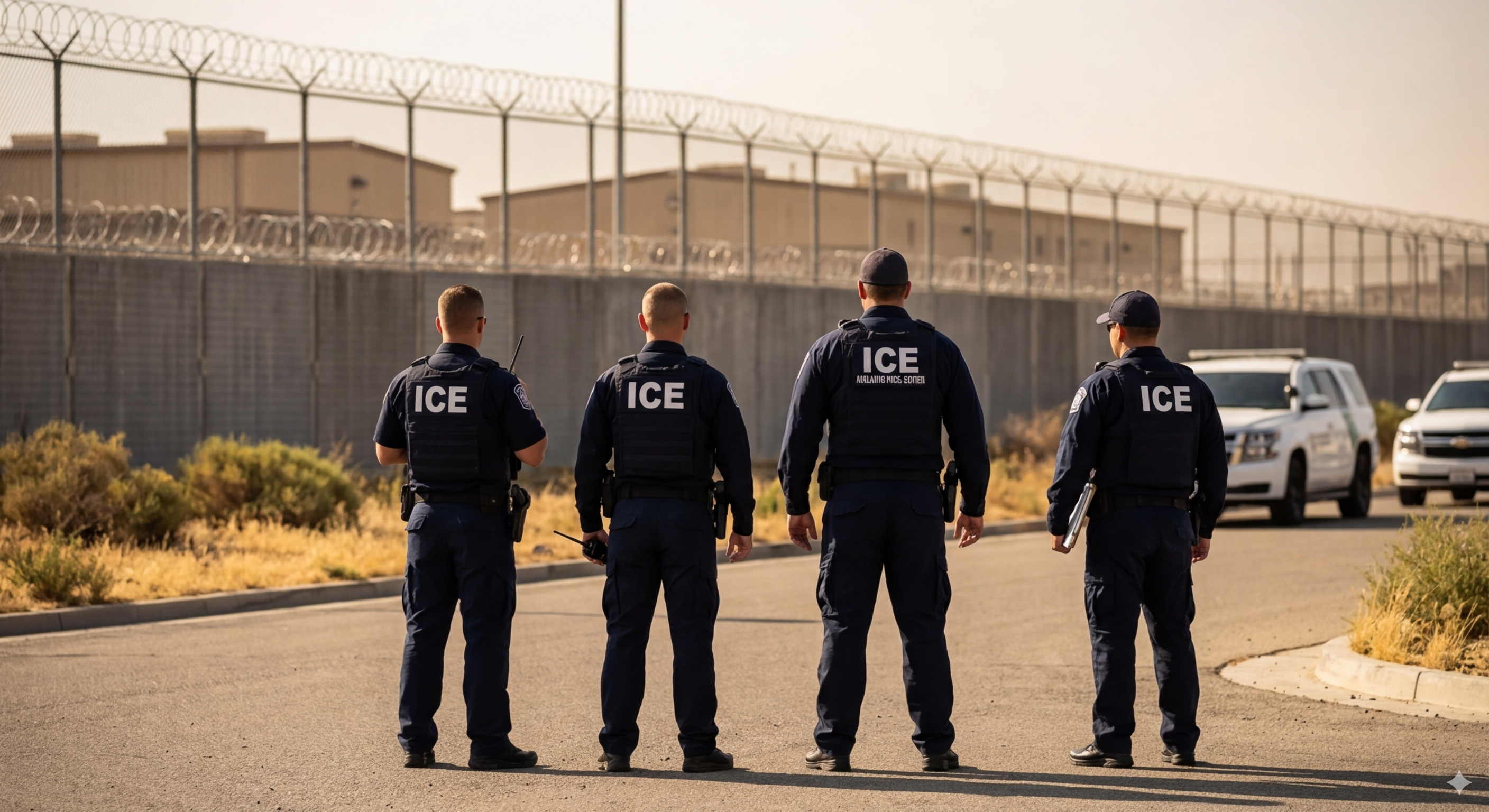 Agentes de ICE de espaldas en el exterior de un centro de detención migratoria.
