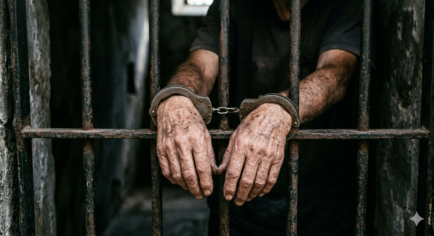 Imagen conceptual de unas manos ancianas con esposas detrás de las rejas de una celda, simbolizando la detención por delitos graves.