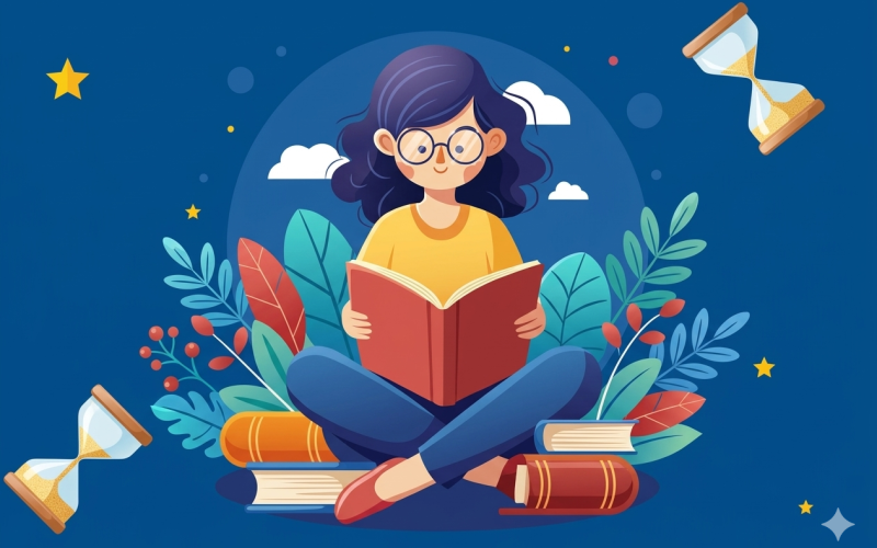 Ilustración de una mujer leyendo rodeada de libros y relojes de arena, representando la falta de tiempo.