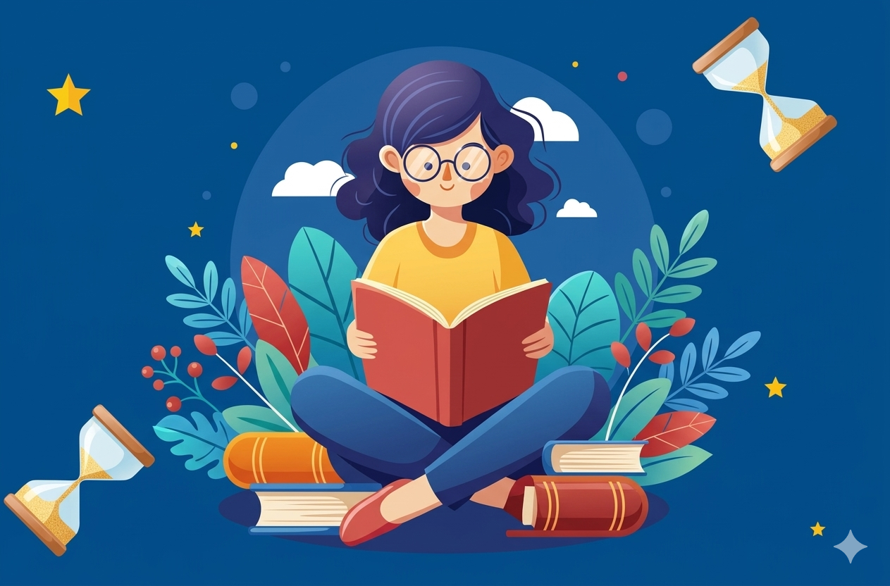 Ilustración de una mujer leyendo rodeada de libros y relojes de arena, representando la falta de tiempo.