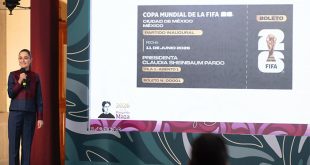 La presidenta Claudia Sheinbaum anunciando el concurso nacional para jóvenes futbolistas rumbo al Mundial 2026.