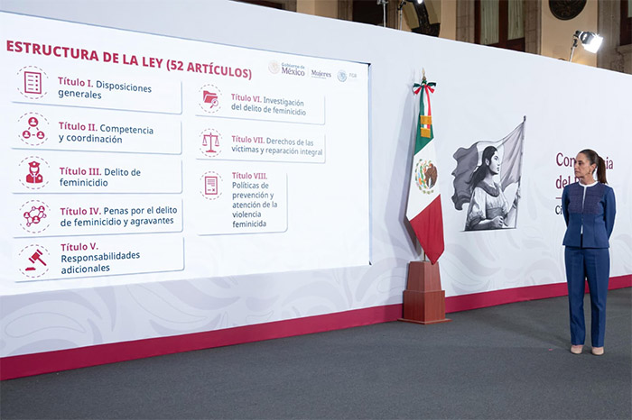 Claudia Sheinbaum durante la mañanera hablando sobre la iniciativa de ley contra el feminicidio.