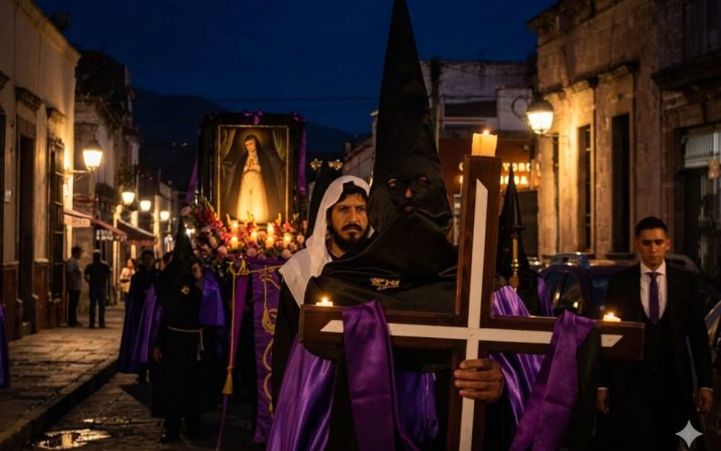Procesión del Silencio en la Avenida Madero de Morelia con cofradías y saetas.