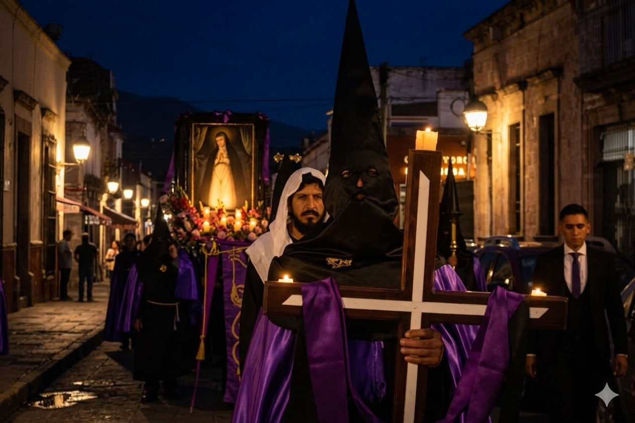 Procesión del Silencio en la Avenida Madero de Morelia con cofradías y saetas.
