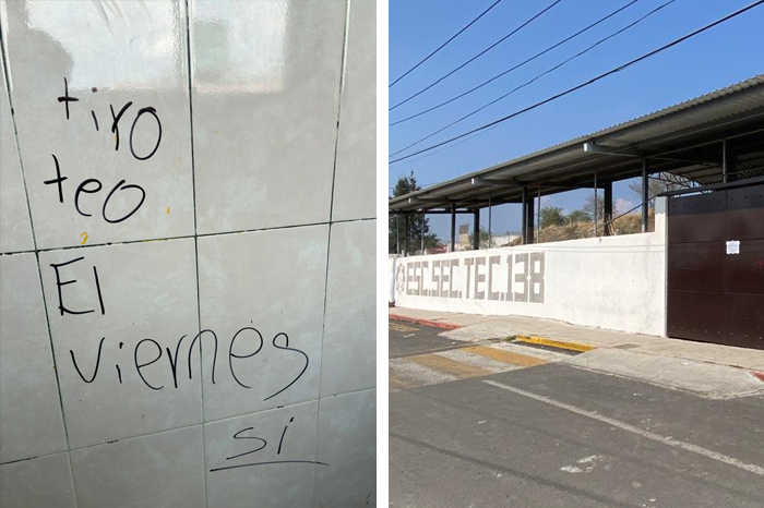Fachada de la Escuela Secundaria Técnica 138 en el fraccionamiento Metrópolis II de Tarímbaro durante la movilización policial.