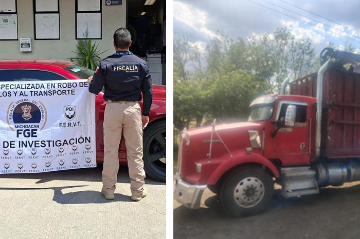 Agentes de la Fiscalía de Michoacán aseguran un Camaro rojo y un camión Kenworth en Tarímbaro.