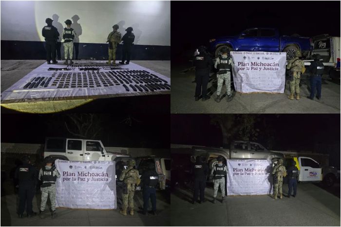 Vehículos y armamento asegurado por la Base de Operaciones Interinstitucionales en Apatzingán, Michoacán.