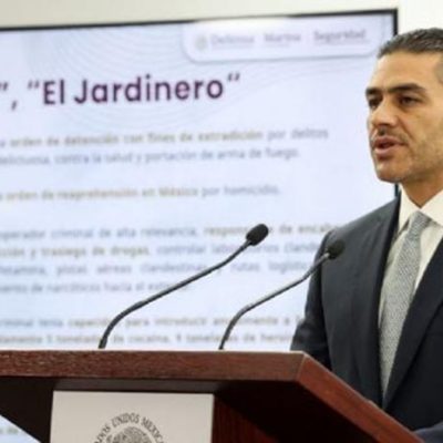 El secretario de Seguridad, Omar García Harfuch, durante la conferencia de prensa sobre la captura de Audías Flores Silva.
