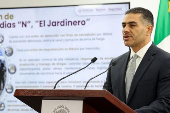 El secretario de Seguridad, Omar García Harfuch, durante la conferencia de prensa sobre la captura de Audías Flores Silva.