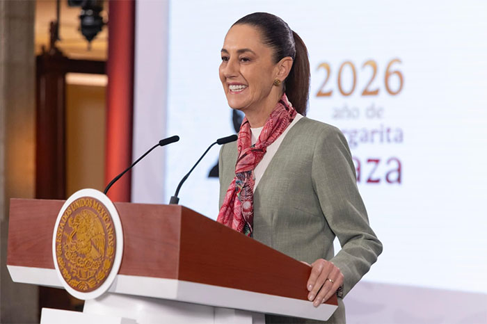 La presidenta de México, Claudia Sheinbaum Pardo, durante su conferencia de prensa matutina en Palacio Nacional.