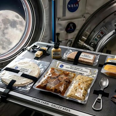 Christina Koch y Jeremy Hansen mostrando paquetes de comida deshidratada en la cápsula Orión.