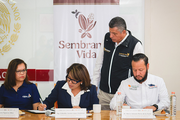 Firma de convenios entre Sembrando Vida, ICATMI, CIDAM y la UIIM en Morelia, Michoacán.