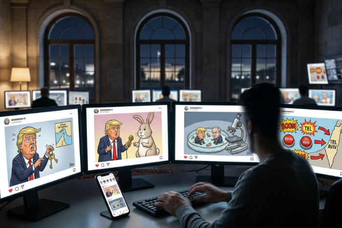 Captura de pantalla de publicaciones satíricas y memes en la red social X realizados por cuentas oficiales de embajadas iraníes.