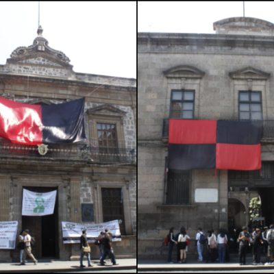Banderas de huelga del SUEUM en las instalaciones de la Universidad Michoacana de San Nicolás de Hidalgo.