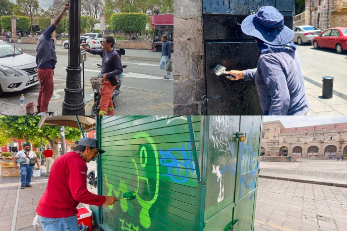 Personal de la Gerencia del Centro Histórico realizando trabajos de pintura y rehabilitación de mobiliario en una plaza de Morelia.